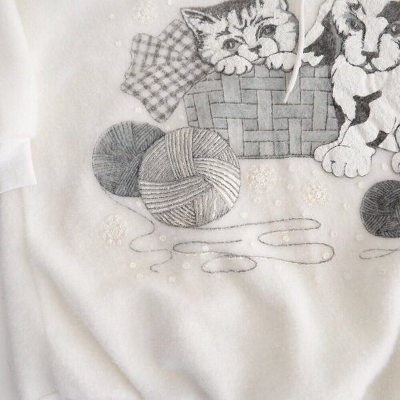 Vintage White Grey Dog Cat Christmas Puff Print Pullover Mock Neck Sweater L - Picture 9 of 12